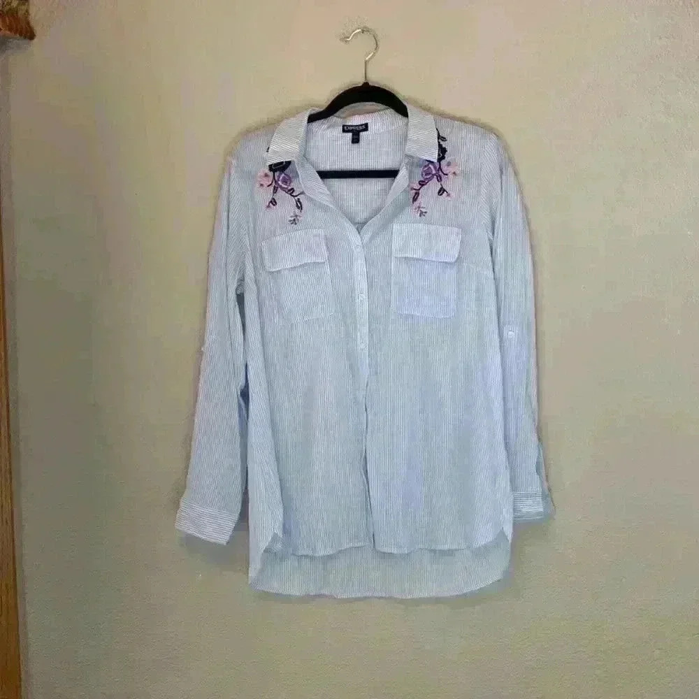 Express stripe embroidered blouse sz L floral preppy career church business work